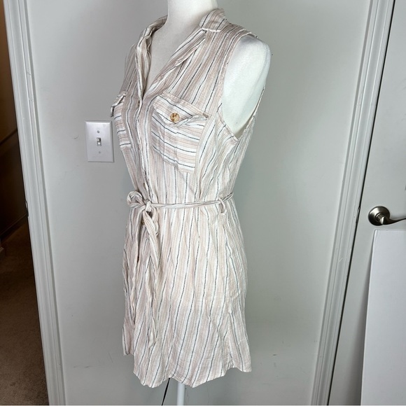 Mine Dress womens M Collared Sleeveless Belted Front Button down cream stripe - Picture 3 of 8
